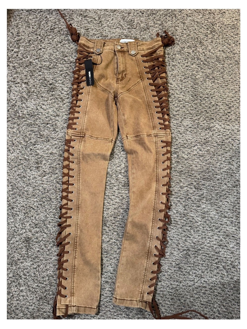 Fashion Nova Tan Jeans with Brown Lace-Up Side Panels